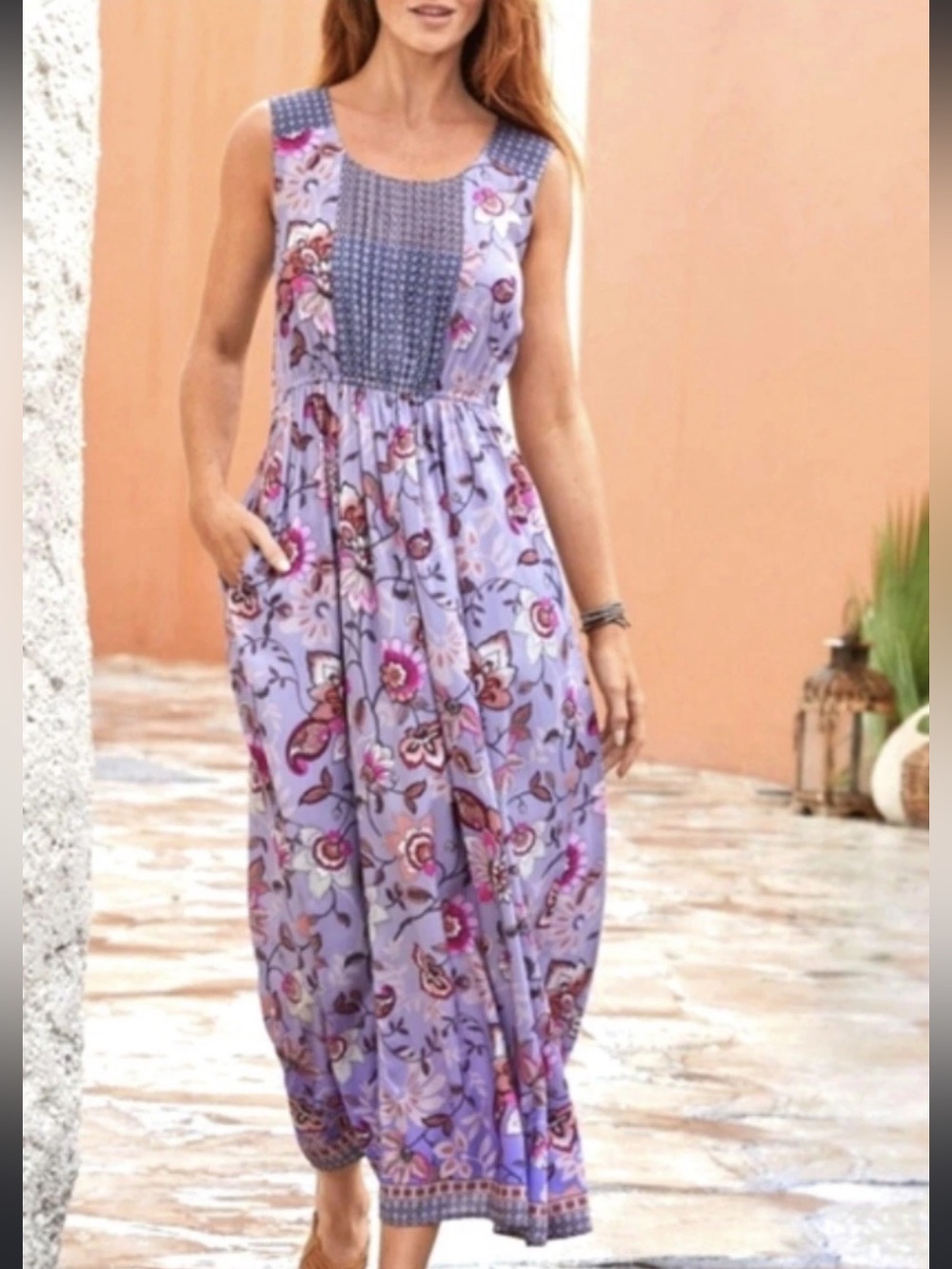 Sundance Floral Patchwork Maxi Dress Lavender Pink Boho Sleeveless Rayon Size L